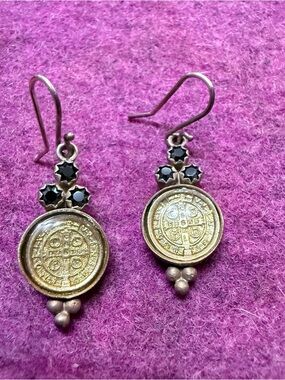 Virgins & Saints collectible earrings-sapphires & sacred San Benito St. Medals.